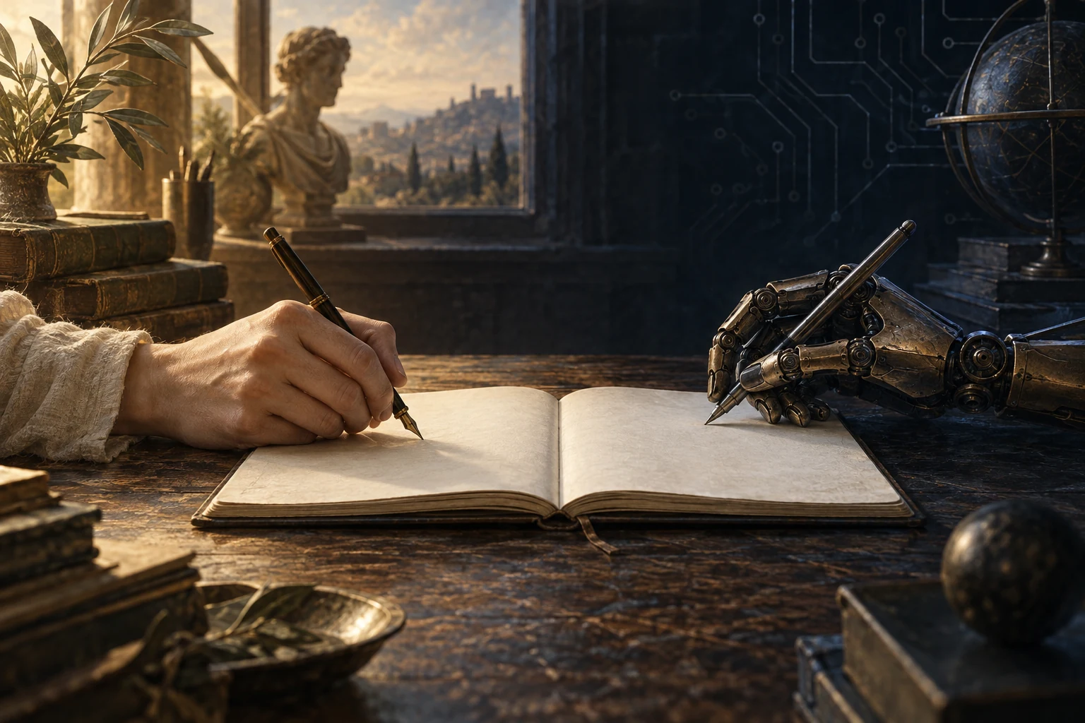 Editorial illustration of human and mechanical hands working across an open notebook.