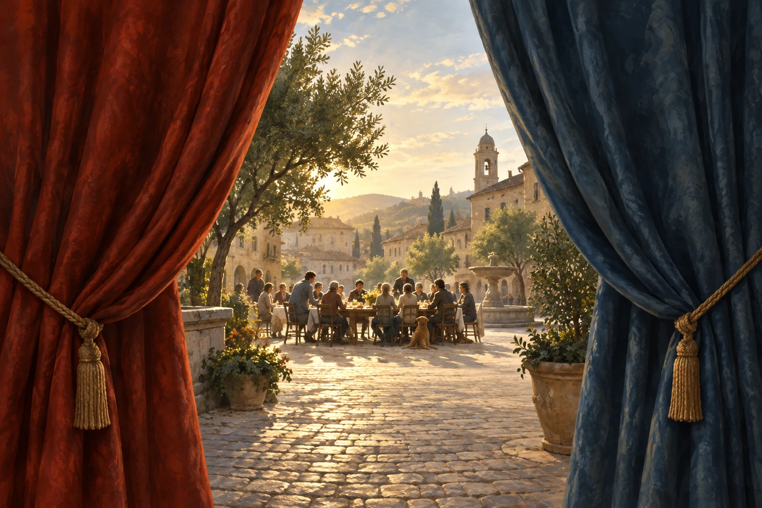 Editorial illustration of red and blue curtains opening onto a shared community table.